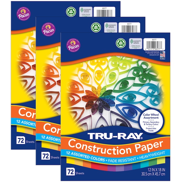 Color Wheel Assortment, 12 Colors, 12 x 18in, 72 Sheets, PK3